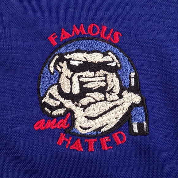 Antigua Polo Shirt Mens Size XL Blue Striped Famous And Hated Bulldog Embroidery - Picture 3 of 15